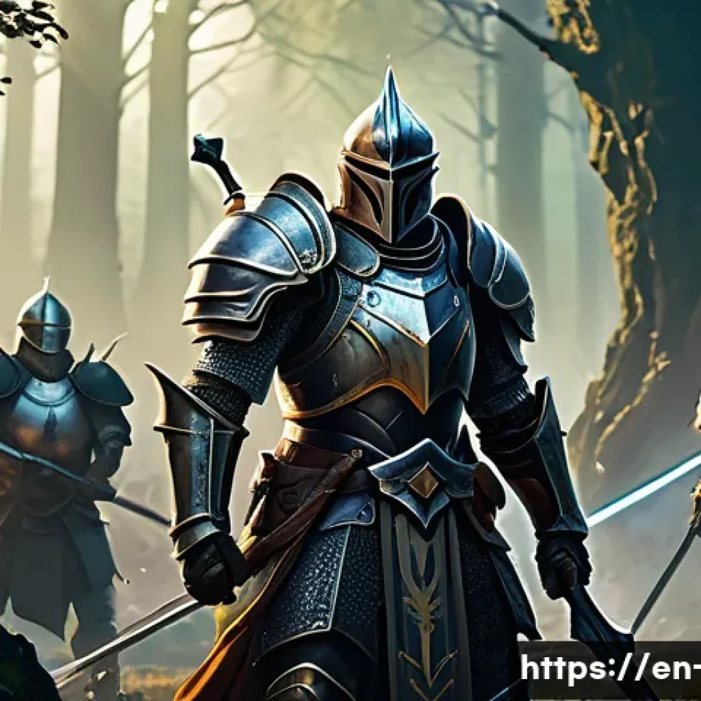 쓰론앤리버티 게임 관련 Q A - A dynamic fantasy battle scene featuring a heavily armored knight wielding a glowing broadsword, sta...