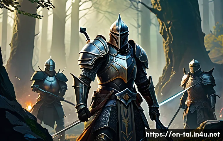 쓰론앤리버티 게임 관련 Q A - A dynamic fantasy battle scene featuring a heavily armored knight wielding a glowing broadsword, sta...