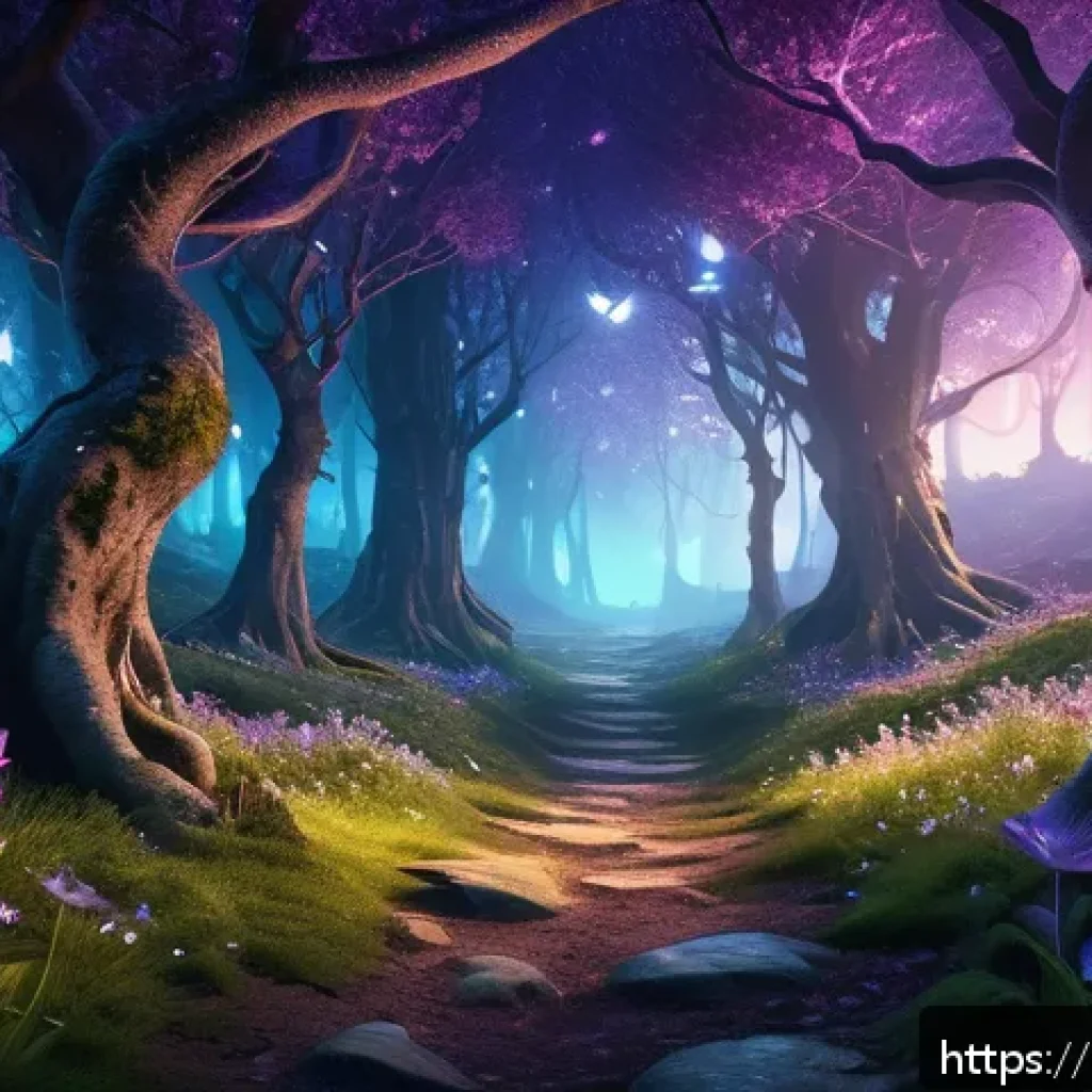 쓰론앤리버티 최고 효율 아이템 파밍 장소 - A vibrant fantasy forest scene depicting the Mystic Glade at twilight, filled with dense clusters of...