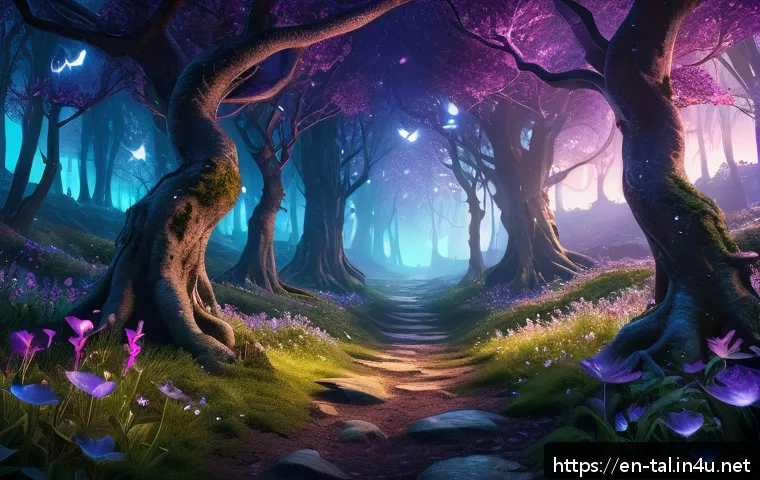 쓰론앤리버티 최고 효율 아이템 파밍 장소 - A vibrant fantasy forest scene depicting the Mystic Glade at twilight, filled with dense clusters of...