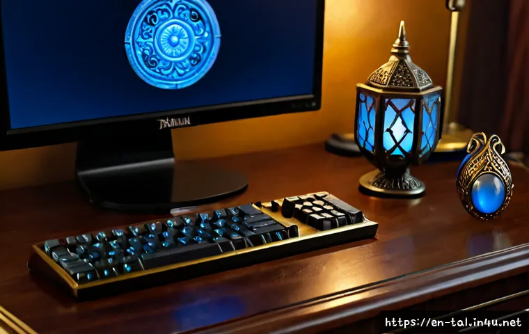 쓰론앤리버티 악세서리 추천 조합 - Photorealistic fantasy RPG gaming setup, a premium desktop monitor showing a generic medieval charac...